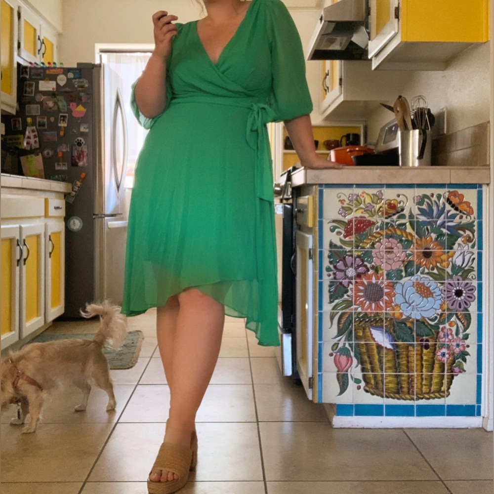 DKNY Balloon-Sleeve Faux-Wrap Midi Dress